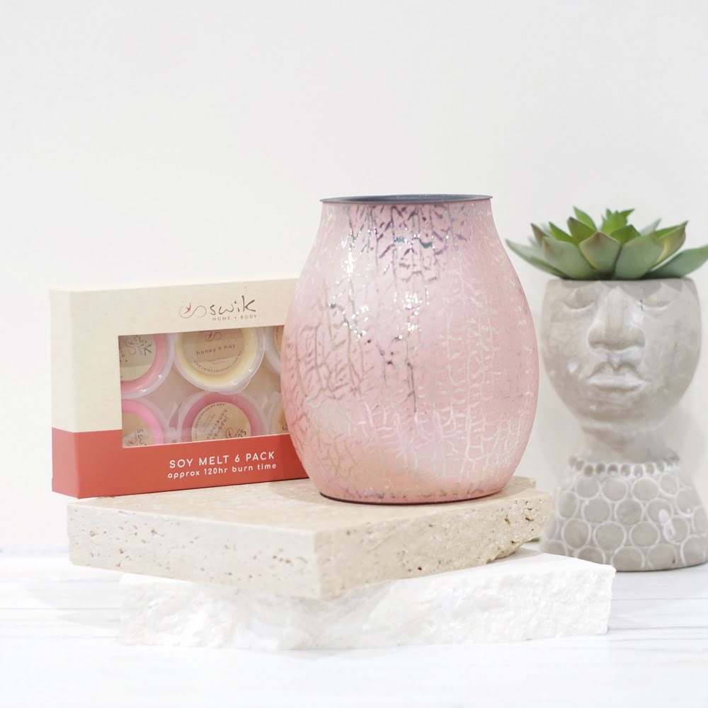 Glass Pink Crackle - Electric HEAT PLATE Wax Melt Burner + 6 Melts Pack
